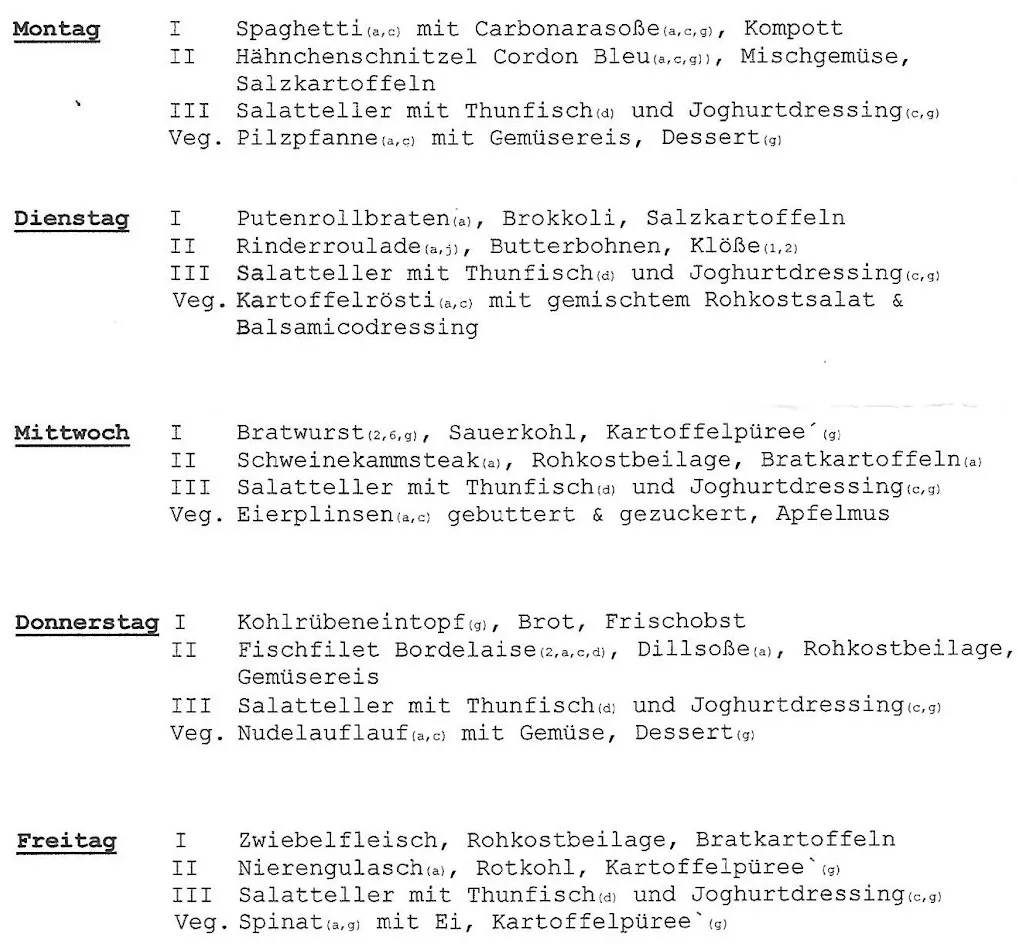 Beispiel eines Wochenplans für Mittag auf Rädern